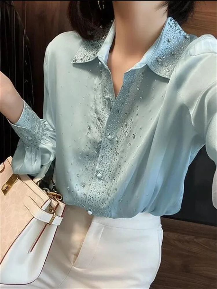 Elegant Diamonds Women Blouses New Beaded Hot Drill Shirt For Woman POLO Collar Lantern Sleeve Basic Blusas Muje OL Female Shirt