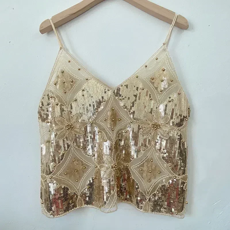 2025 Women's Summer High Quality Sequin Bead Sexy Sling Slim Fit Short V-neck Straight Tank Top Korean Fashion Clothing image 3