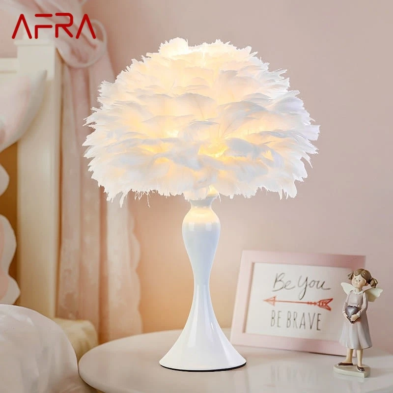 AFRA Modern Table Lamp LED Creative Design Fashion White Feather Desk Light for Home Living Room Girl‘s Bedroom Bedside Decor