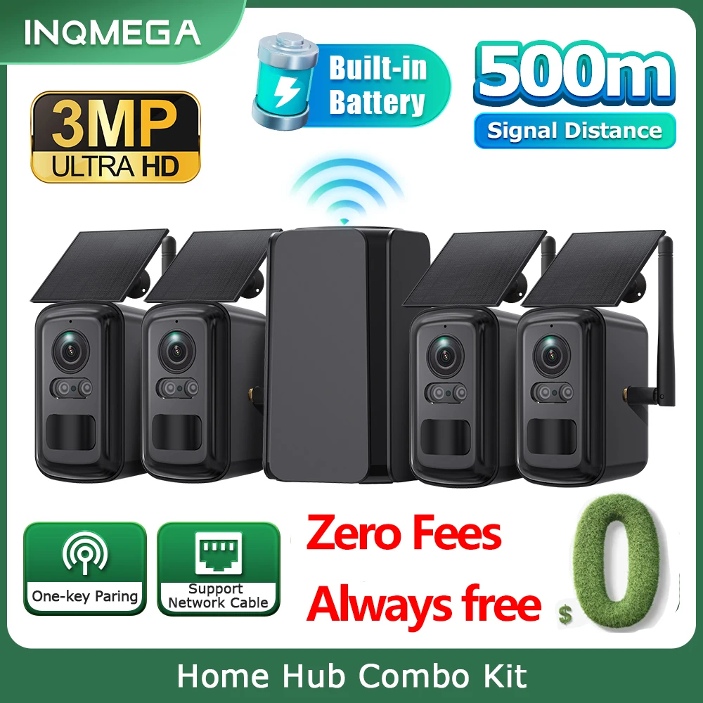 INQMEGA 3MP Solar Camera System 4 Cam Kit Wireless Camera System Outdoor 4000mAh Battery Wifi Camera Zero Fees Always fre ﻿