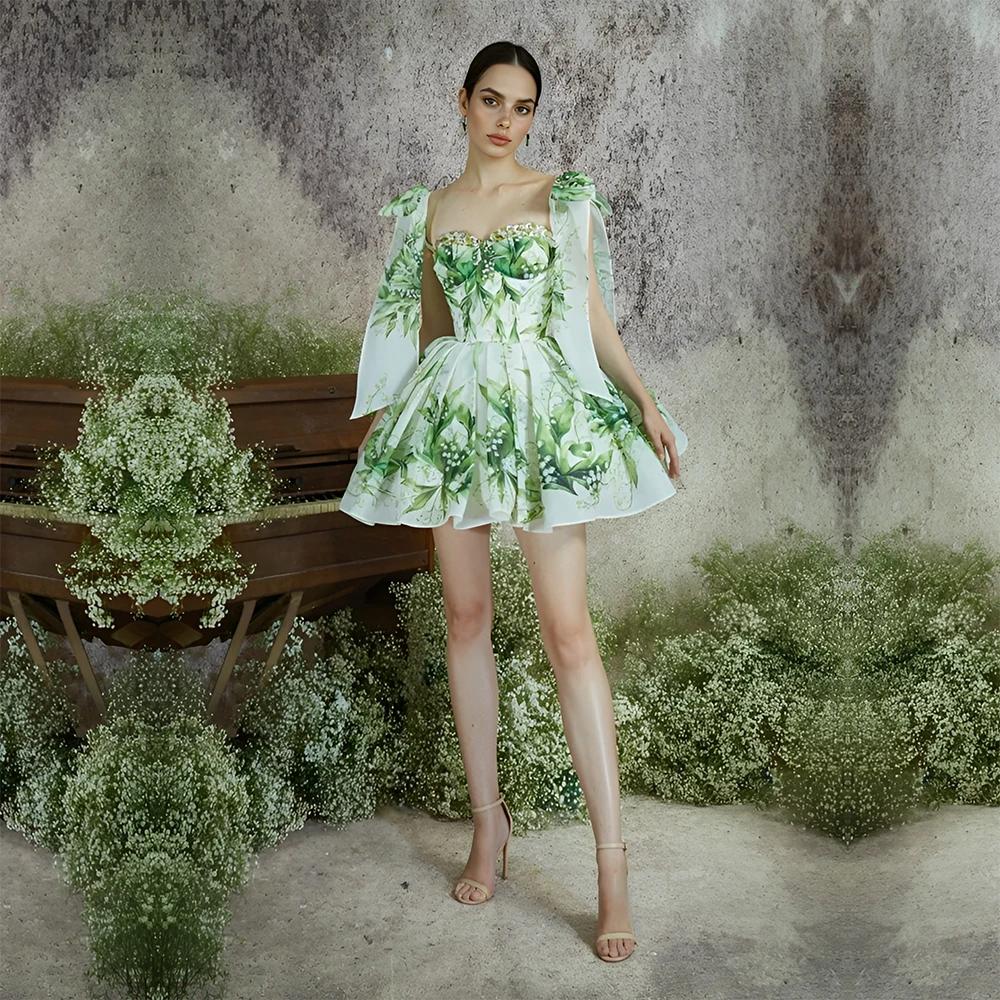 

Green Floral Printed Midi Prom Dresses Formal & Evening Gowns Homecoming Dresss for Special Occasions Woman Ceremony Dress