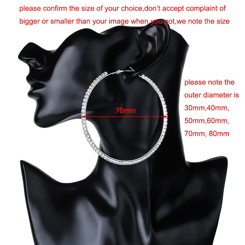 30-80mm Big Hoop Earrings For Women Girls Circle Crystal Rhinestone Earrings Black Gold Silver Color Round Earings Party Gift