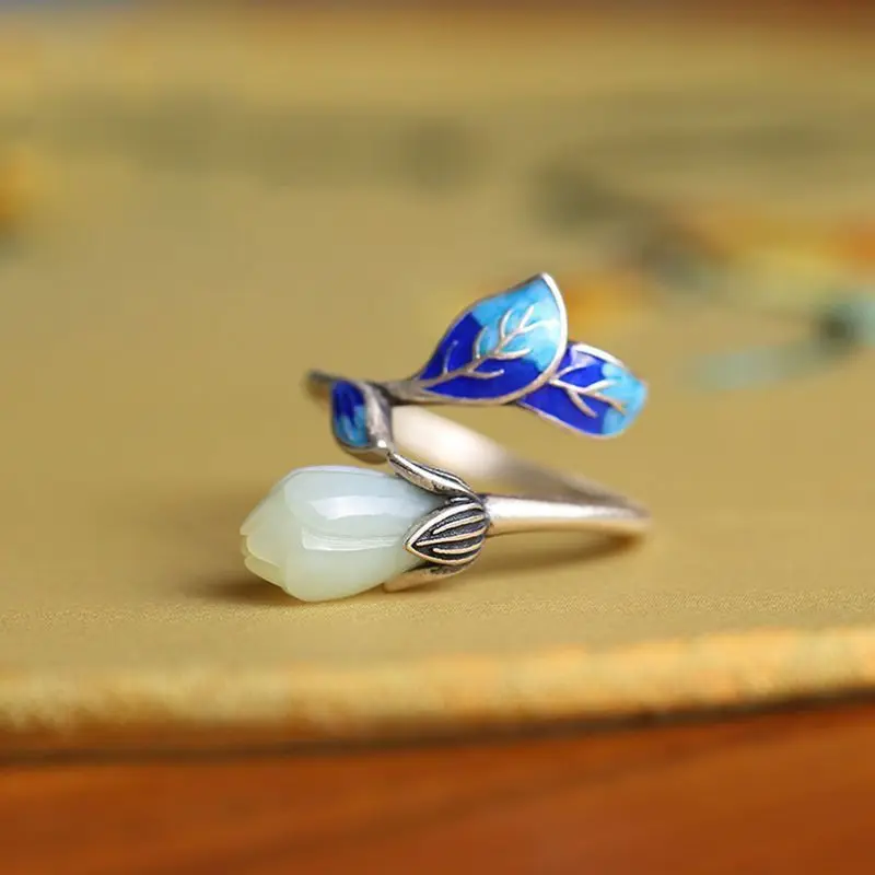 Classical Cloisonné Blue Enamel Magnolia rings for women Girl vintage Elegant Natural Hotan Jade Ring Charms Jewelry Gifts