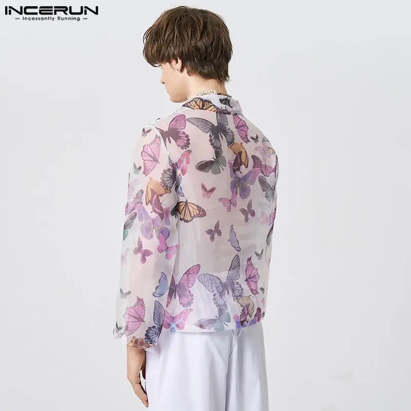 INCERUN Fashion Men Shirt Printing Mesh Transparent Lapel Long Sleeve Sexy Male Shirts 2023 Loose Streetwear Party Camisas S-5XL