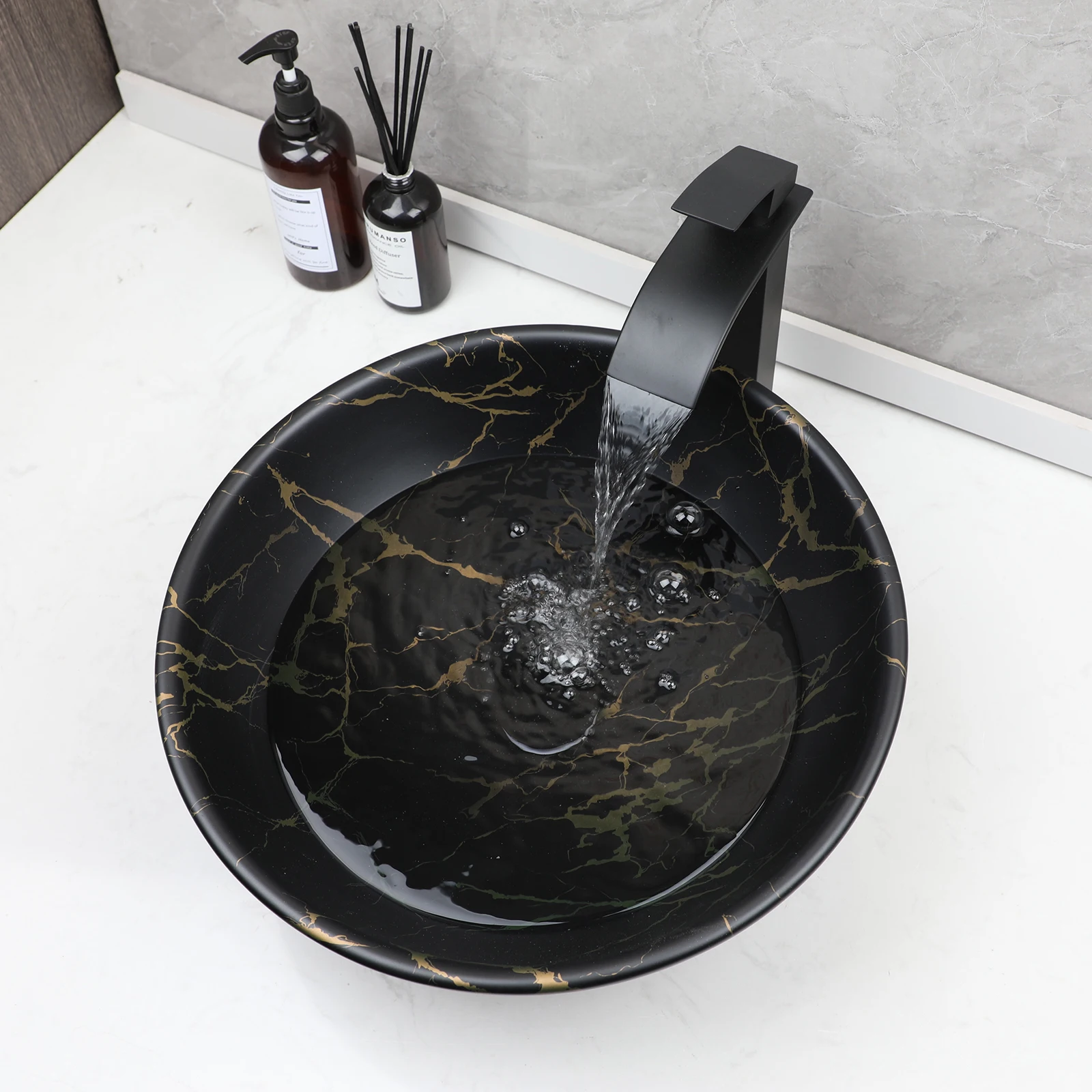 TORAYVINO Ceramic Bathroom Basin Sink Faucet Set Matter Black Vessel Vanity Top Sink Waterfall 2 Hole Single Handle Faucet Mixer