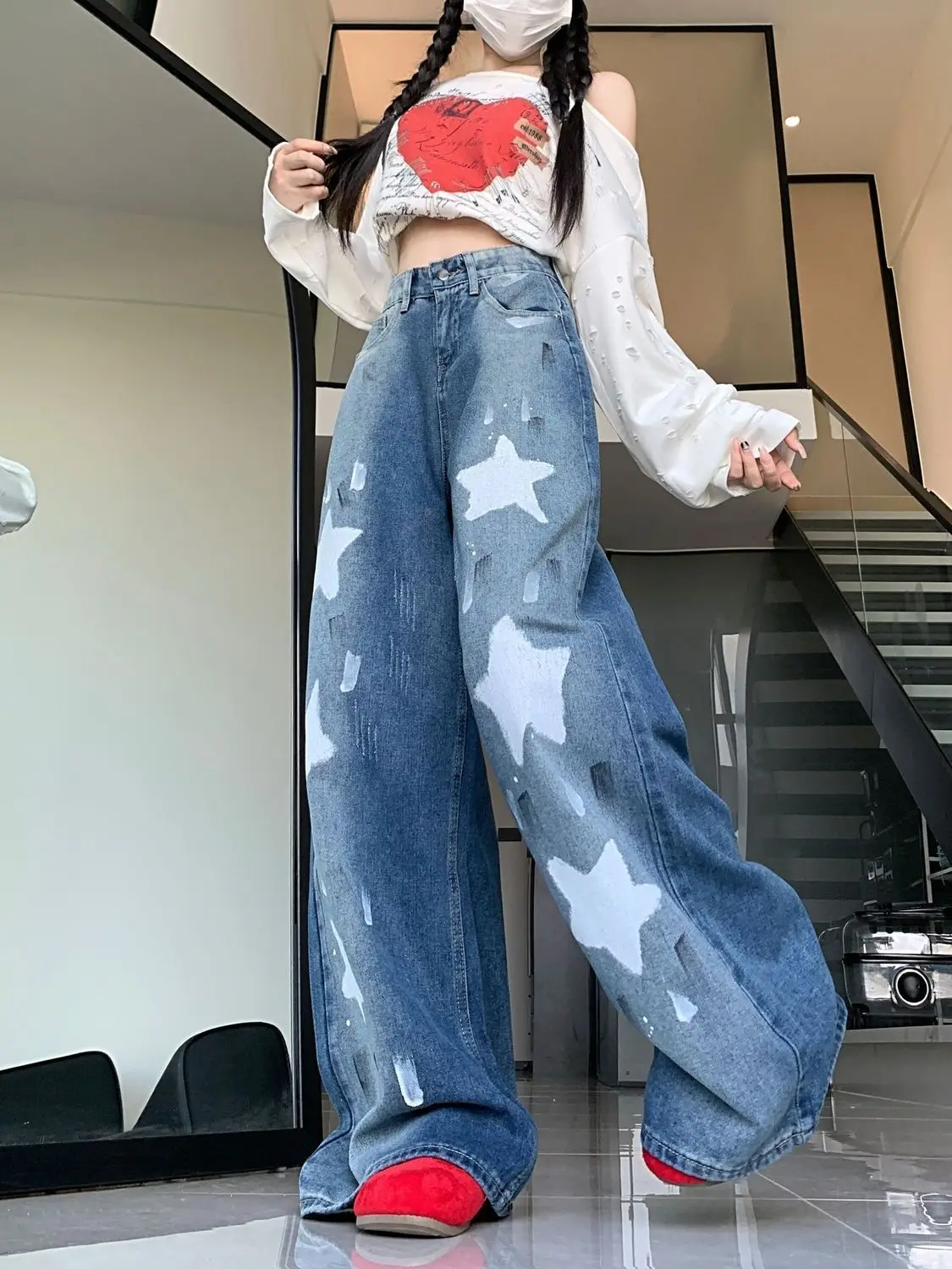 Women's Retro Star Print Pattern Jeans Summer Wide Leg Pants Straight Denim Trousers Female High Waisted Fashionable Sweatpants