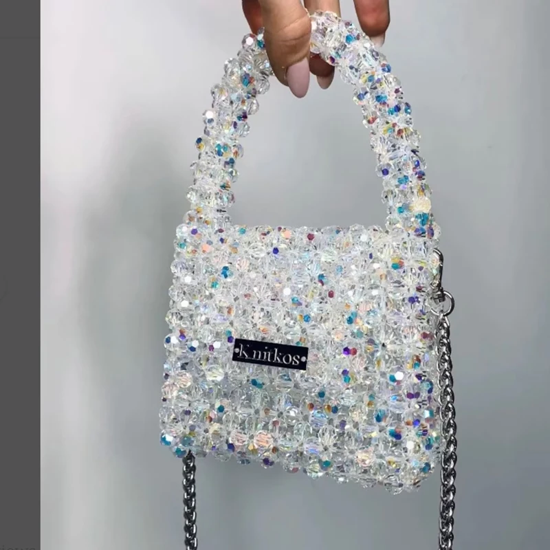 2024 Customized Mini Crystal Shining Banquet Handbag New Fashion Texture Luxury Beaded Weaving Chain Crossbody Bags for Woman