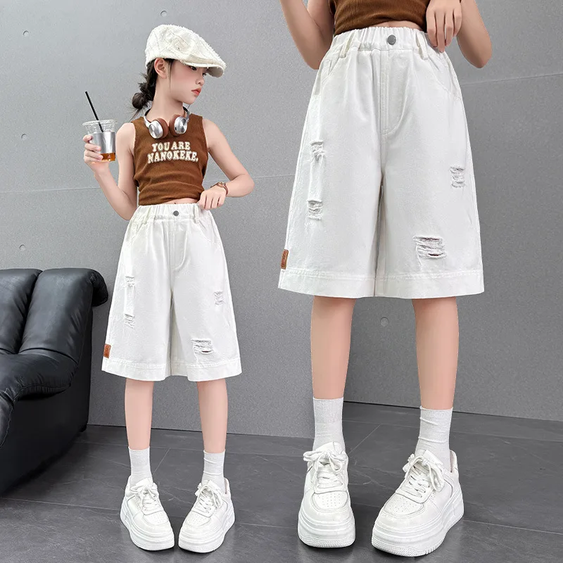 Elegant Kids Child Summer Ripped Denim Shorts for Girls Fashion Casual Knee Length White Jeans Pants with Holes 5 7 9 11 13 14 Y