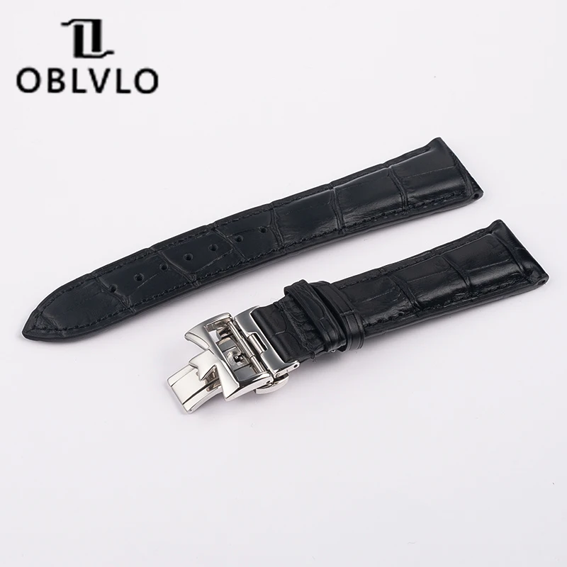 OBLVLO VM Series Black And Brown Genuine Calfskin Leather Strap Push Button Hidden Clasp Butterfly buckle Strap Width 22mm