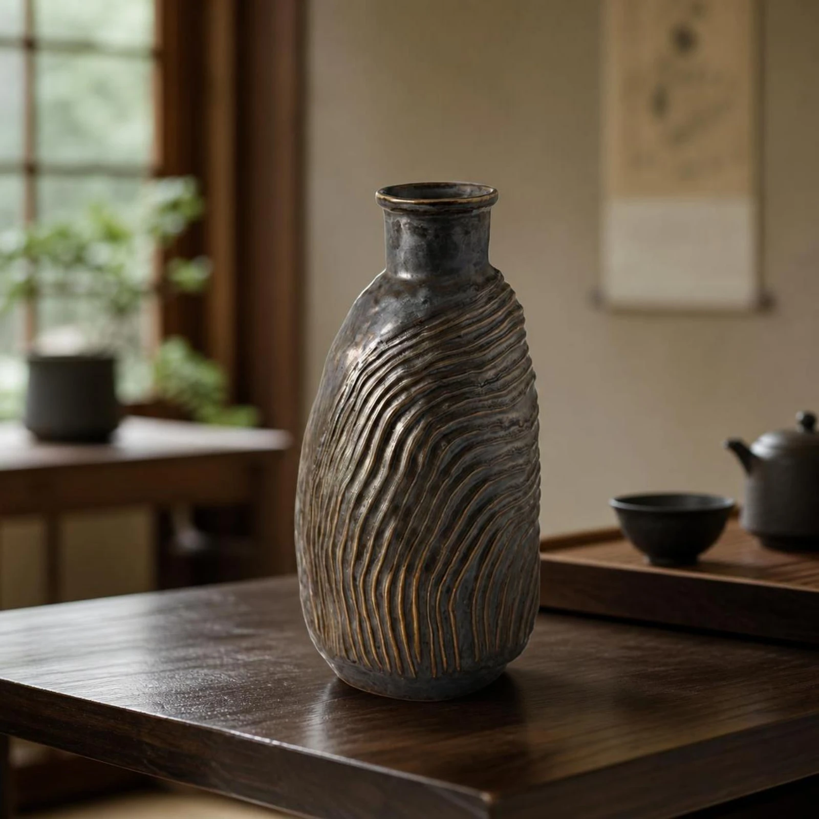Ceramic Vase Artisanal Ribbed Vase Floral Holder Bronze Vessel Elegant for Decorators, Living Room, Entryway