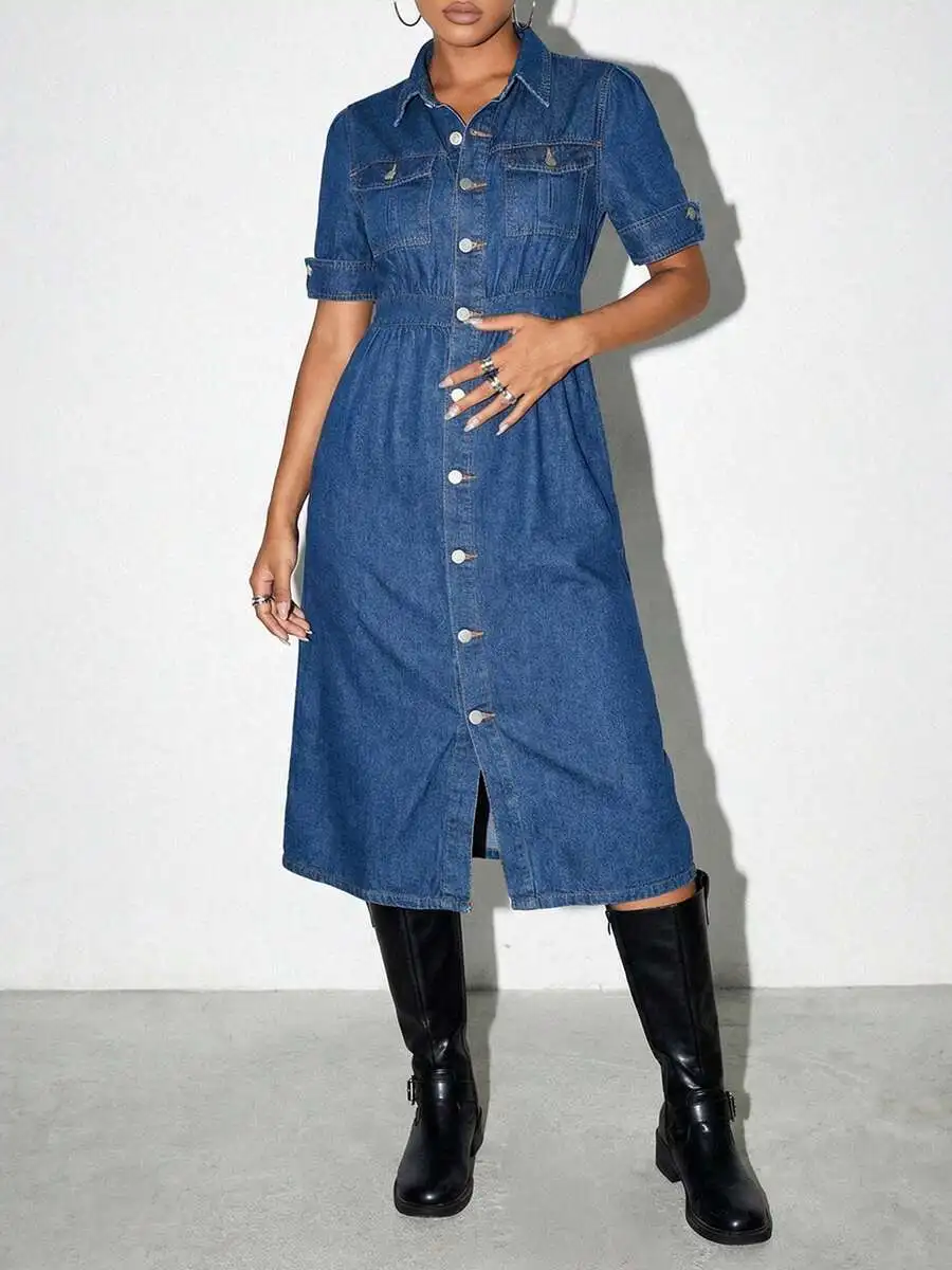 

Womens Mid-Length Denim Shirt Dress With Button-Down Front And High Waist Fit