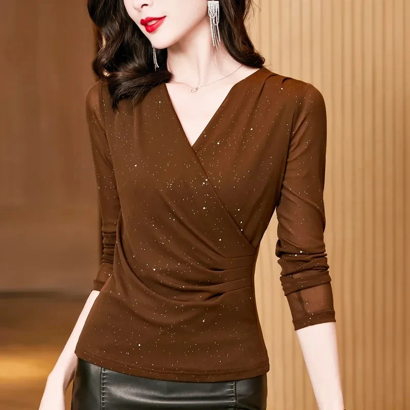 

High End Elastic Mesh Bottoming Shirts Slim Style Long Sleeved V-neck Women T-Shirt Tops New Spring Autumn Small Shirt Tees 4XL