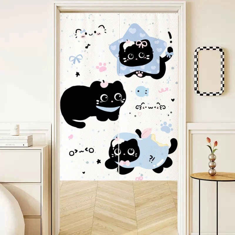 VIKAMA Korean Style Black Cat Half Door Curtain Cartoon Print Short Partition Washable Kitchen Bathroom Decor