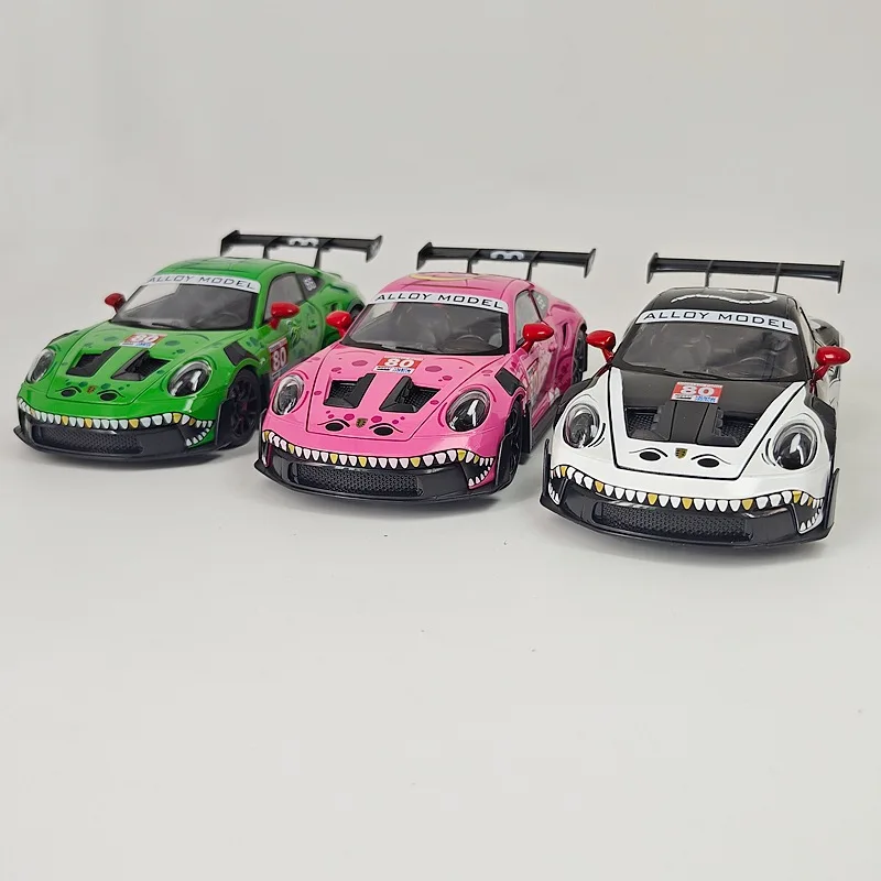 1:24 Scale Alloy 911 GT3 RS Model Unique Dinosaur Paint Job Built In Steering Pull Back Interesting Educational Kid Play Vehicle view 4