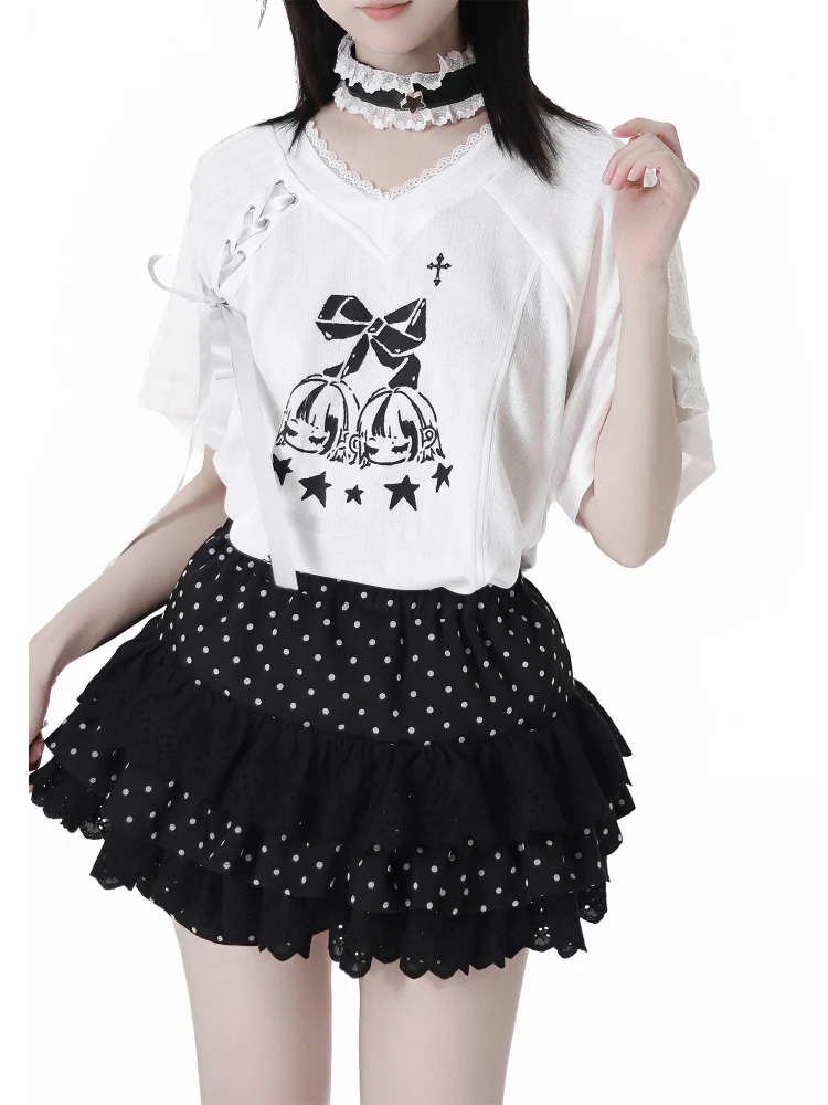 2025年夏 ハイストリート ドット柄 ロングスカート ファッション 多用途 伸縮性 ハイウエスト Aライン フリル スプライシング イレギュラー ブラック スカート レディース