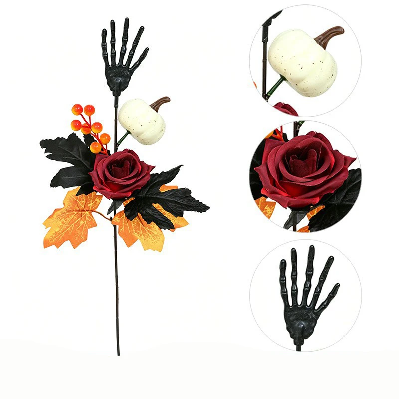 Yannew 8pcs Halloween Black Maple Leaves Rose Branches Stems with Pumpkin Skeleton Berry for Haunted House Gothic Floral Decor - view 6