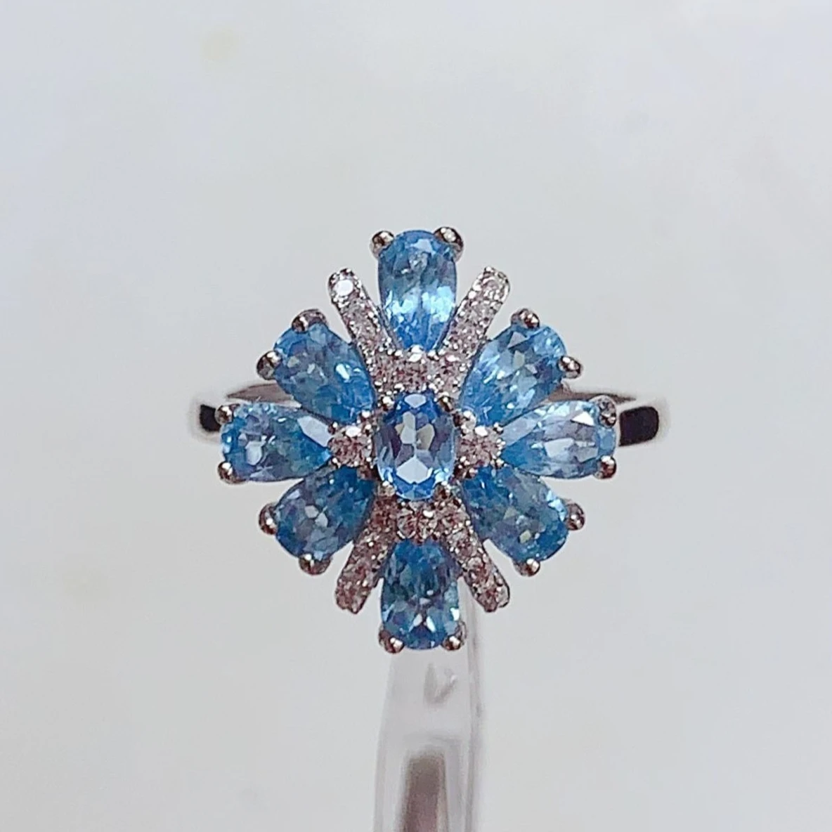 Luxury 925 Sterling Silver Natural Topaz Ring with Jewelry Certificate Flower Cluster Statement Anniversary Gift for Women