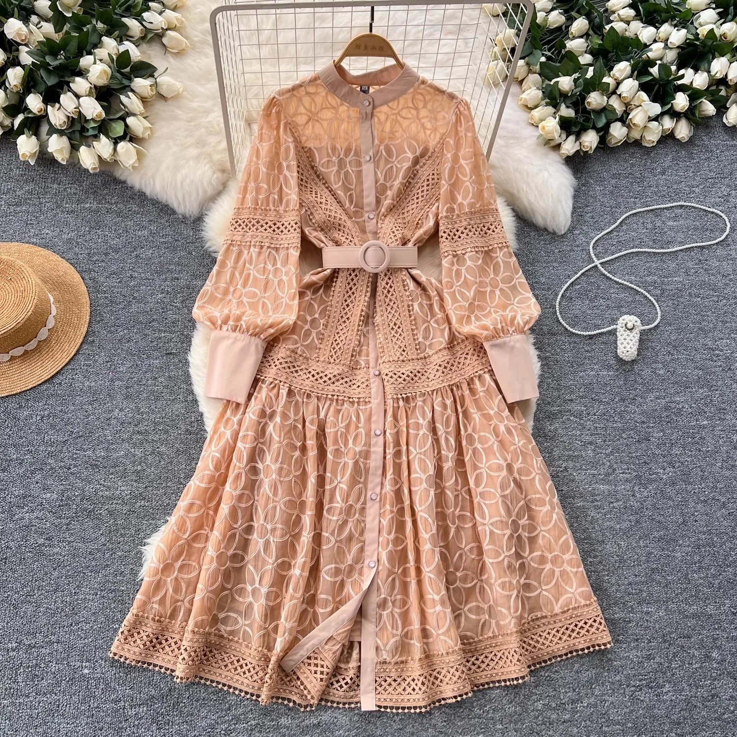 

Autumn Elegant Hollow Out Spliced Lace Flower Embroidery Dress Women's Stand Collar Bandage Single Breasted Party Midi Vestidos