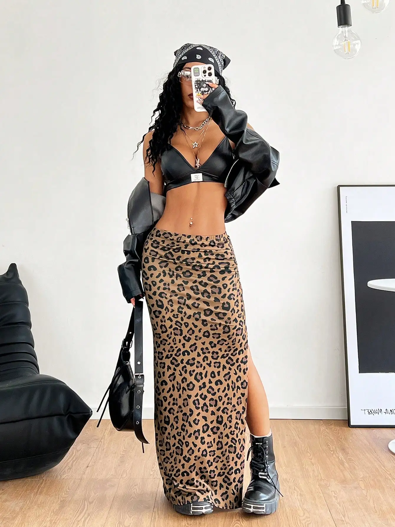 تنورة طويلة نسائية مثيرة بطبعة الفهد من BWQ، تنورة طويلة بفتحة مكشكشة، ملابس مهرجان الموسيقى للفتيات الرائعة للصيف #1