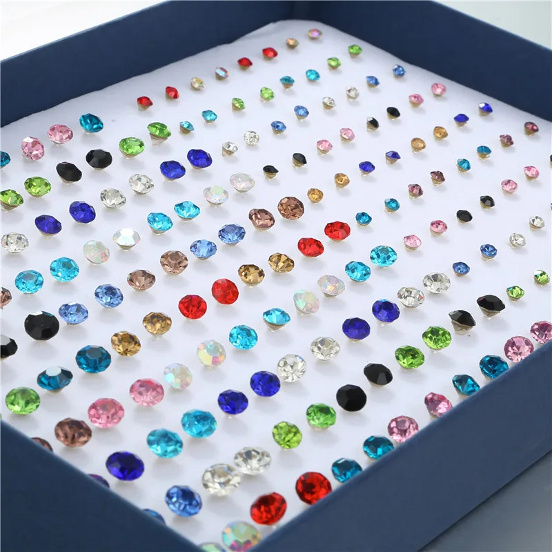 100 Pairs/Lot Different Size Colorful Rhinestone Small Stud Earring For Women Round Piercing Plastic Ear Gifts New Jewelry