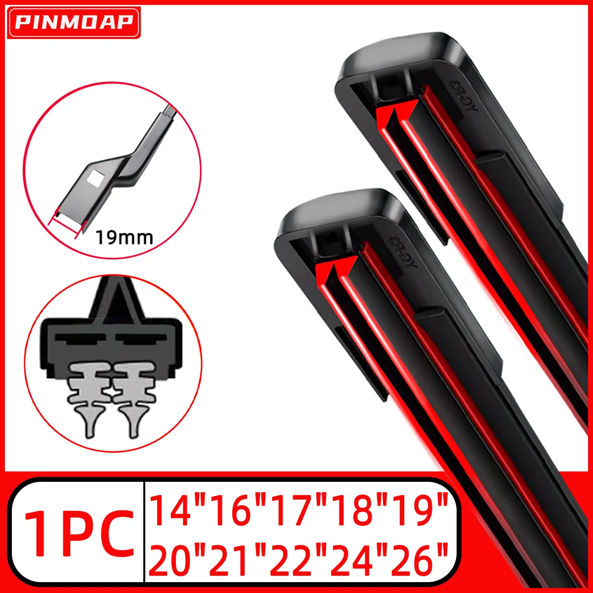 PINMOAP Doppelschicht-Gummistreifen Auto-Scheibenwischer Geeignet für 19mm Schnittstelle Geräuscharme Wischer 14"16""18""19""20""21""22""24""26"""