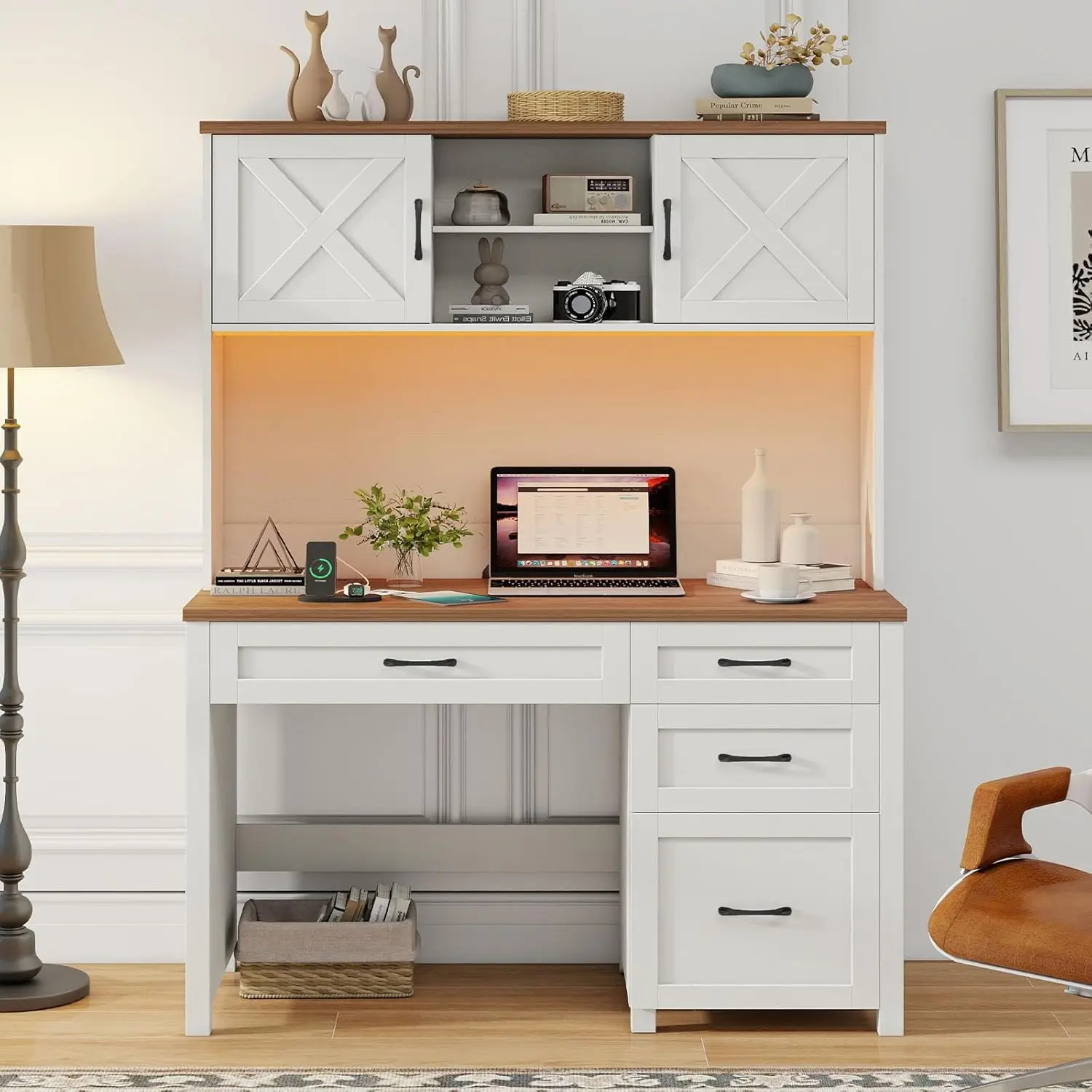 

67" Wood Executive Desk Hutch LED 4 Drawers Storage Cabinet File Drawer Charging Station Home Office Study Gray,Customized