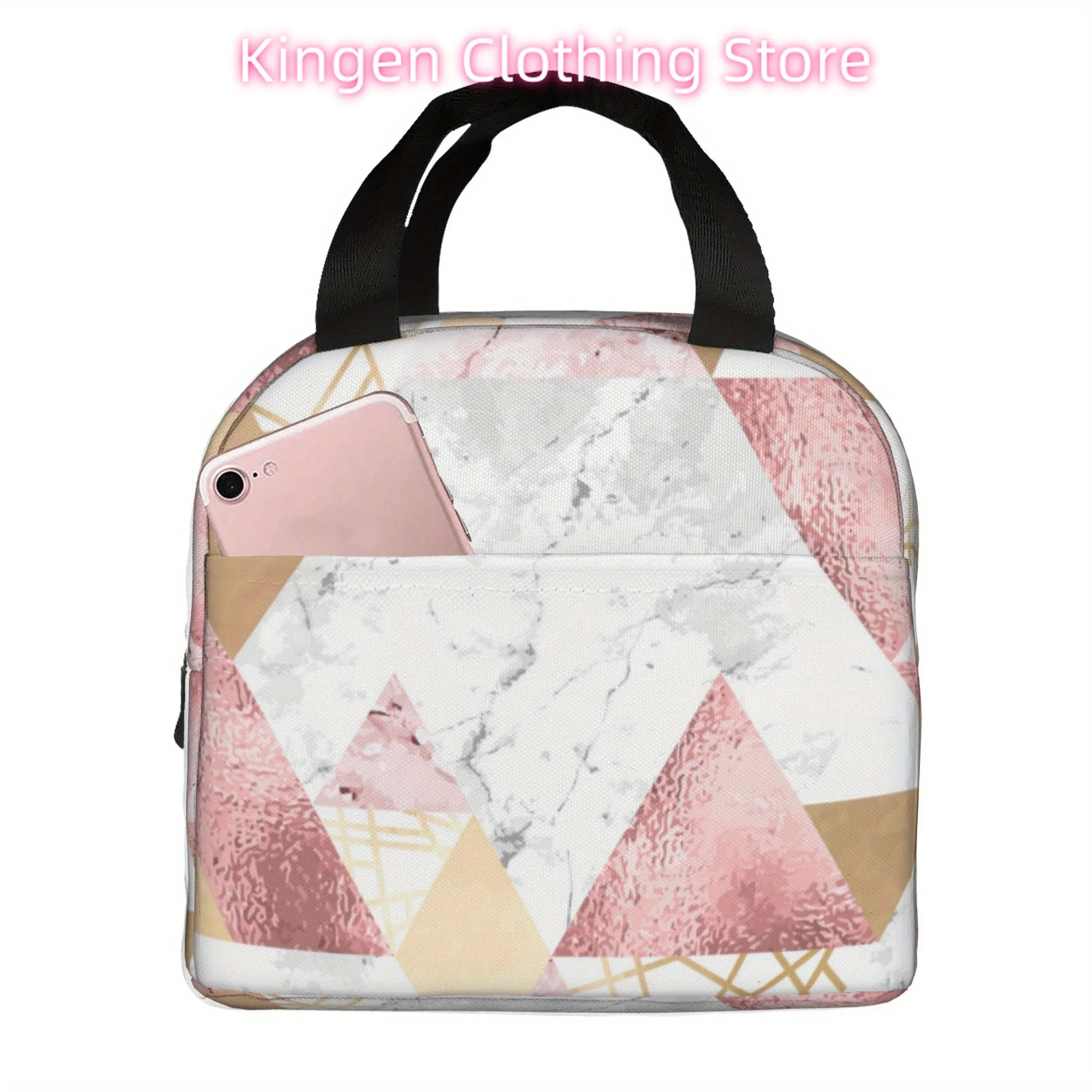 Pink Golden Geometric Marble Portable Insulated Cooler Bag, Reusable, Square, Polyester, Hand Wash, with Lunch Bag
