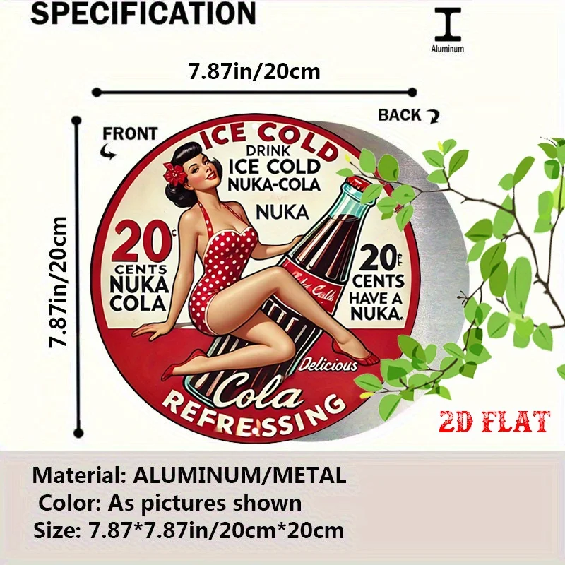 2D Flat, 1pc Retro Pin-Up 7.87x7.87 Round Aluminum Sign - Vintage Nuke Cola Ice Cold Drink Metal Tin Wall Art, Refreshing Rustic view 2