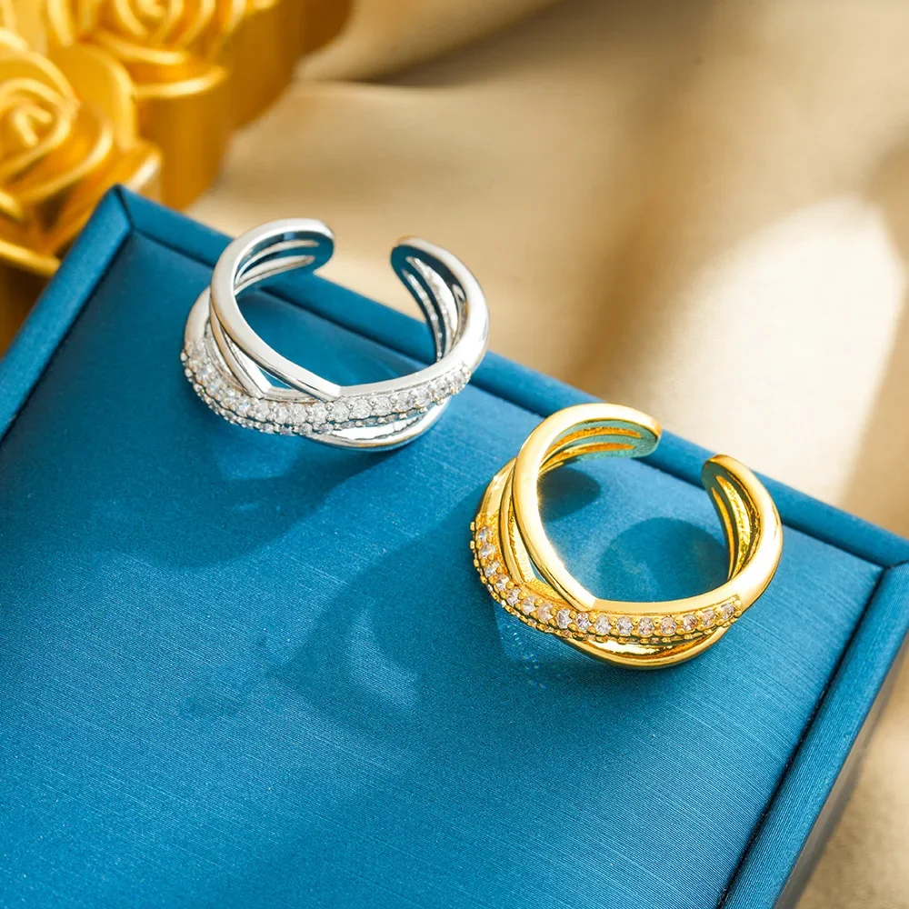 2025Новое популярное новое геометрическое кольцо с цирконом, легкая роскошь 18K с регулируемым отверстием