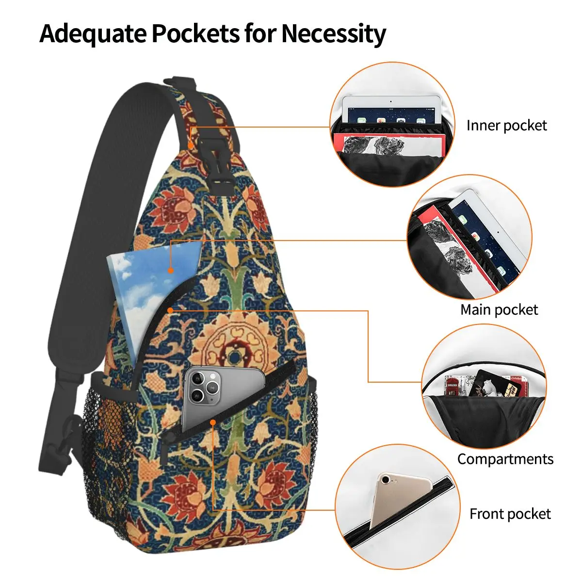 William Morris Flower Pattern Chest Bag Men Sling Crossbody Backpack Chest Bag Travel Hiking Daypack Shoulder Bag