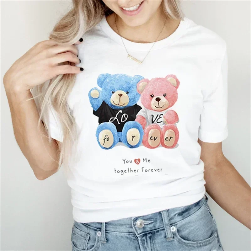 Summer Women\'S Fun Cute Girl Bear Print T-Shirt Women\'S Fashion Clothing Pattern T-Shirt Leisure Women\'S Simple Short Sleeve T-S