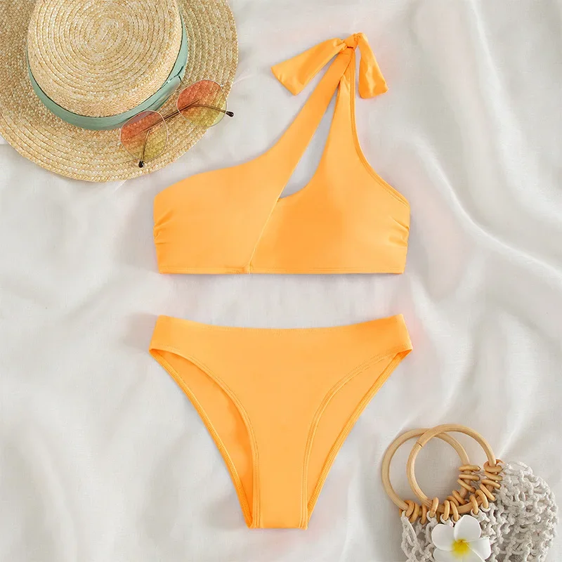 Solid Color Swimsuit for Women,2024 New High Waist 2-piece Bikini,sexy Single Shoulder Hollow Out Backless Swimwear,bathing Suit