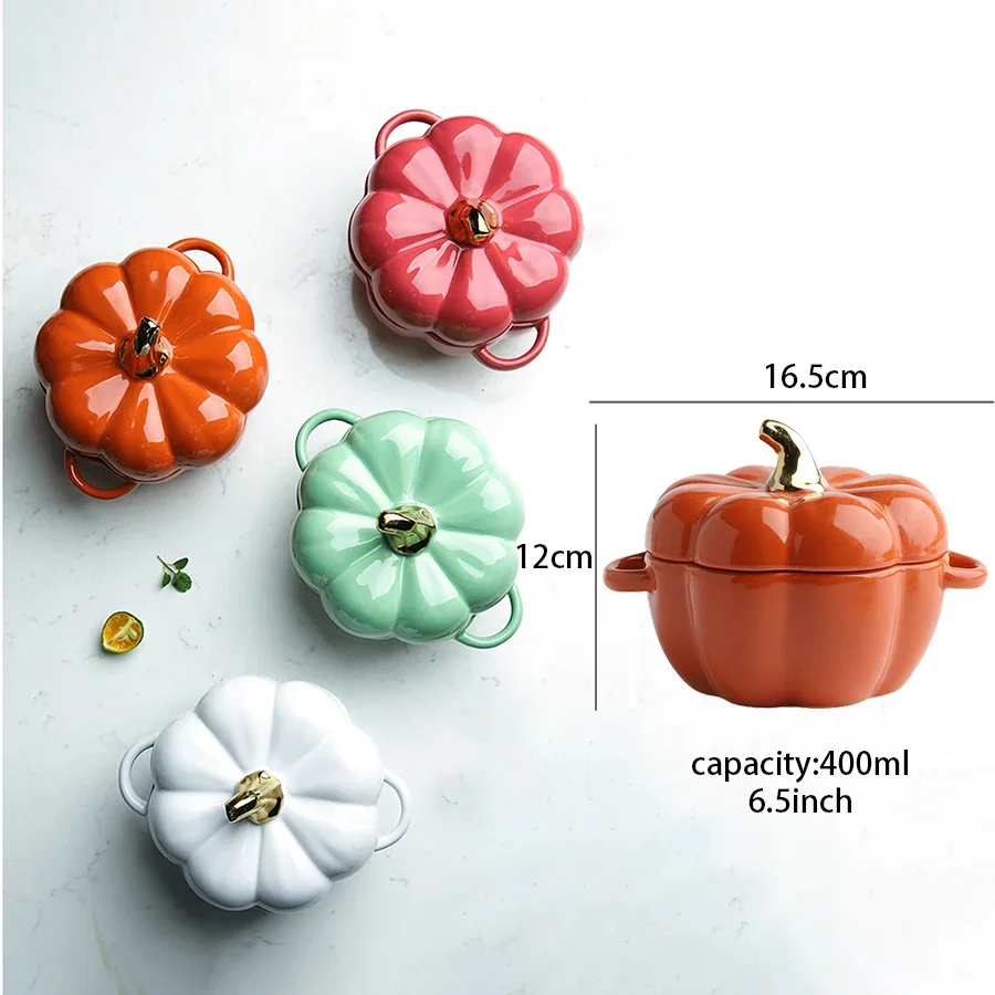 Pumpkin Shape Bowl With Lid Ceramic Soup Salad Cereal Bowl Bakeware Oven Baking Pan Kitchen Novelty Party Halloween Decoration