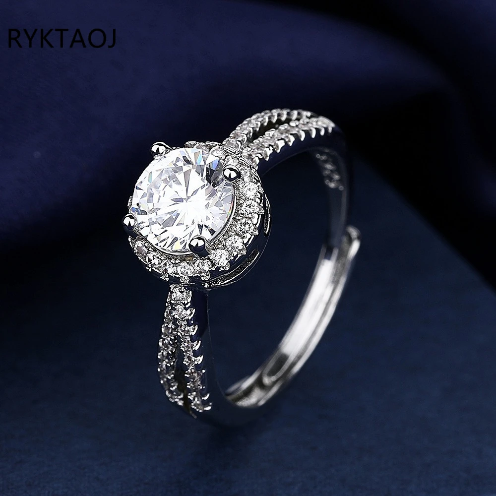 925 Sterling Silver Gold Color Round Moissanite Ring Women Halo Twisted Band Adjustable Open Ring Wedding Fine Jewelry Gift