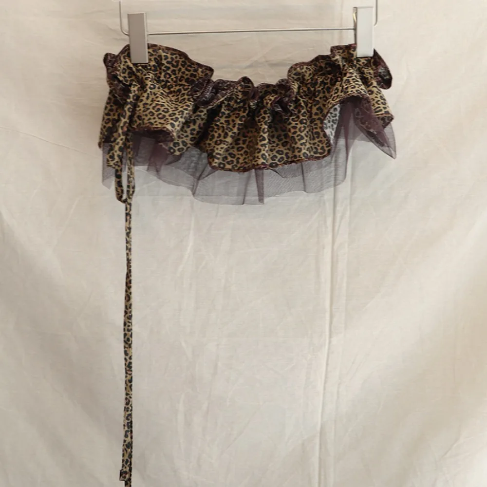 Hip-hop Leopard Print Hip Scarf Skirt Shirt Extender Mesh Ruffled Edge Waistband Y2K Sweet Layer Outfits Belt