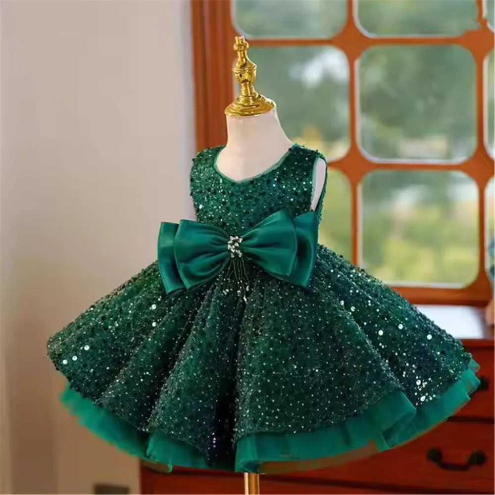 Sparkly lovertjes bloemenmeisje trouwjurk mouwloos met strik prinses verjaardagsfeestje jurk kinderen heilige communie jurk aangepast