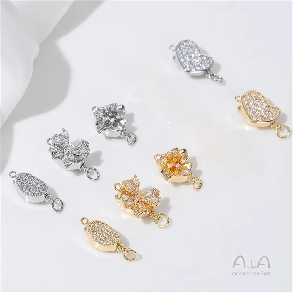 14K Gold-plating Micro-inlaid Zircon Pearl Buckle DIY Peach Heart Bow Flower-shaped Plug Buckle Accessories