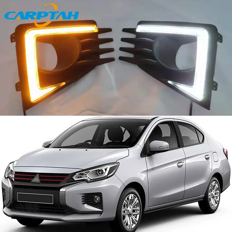 Car LED DRL 12V Daylights For Mitsubishi Mirage 2020 2021 Yellow Turn Signal Daytime Running Headlamps Auto Driving Lamp Foglamp