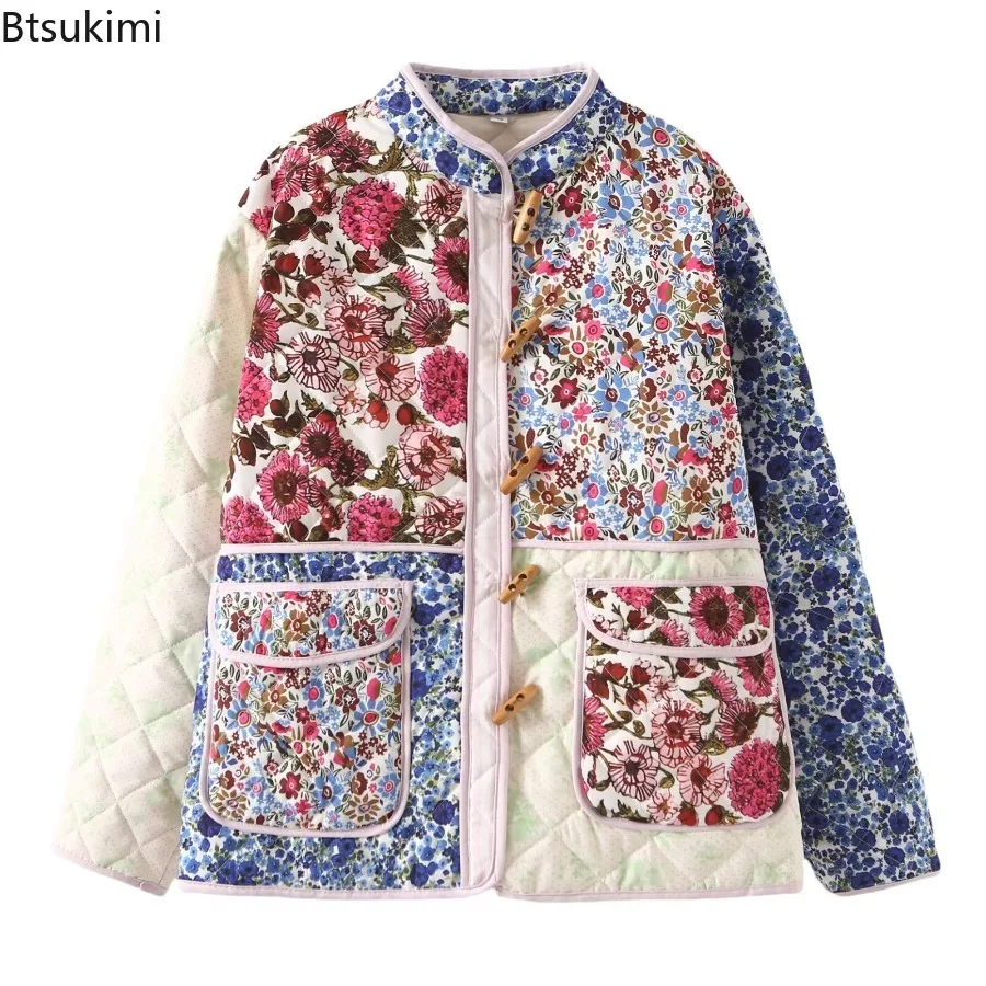 Vintage Floral Printing Patchwork Cotton-padded Clothes Jacket Fashion Winter Warm Coat Casual Parkas Fashion Lady Streetwear