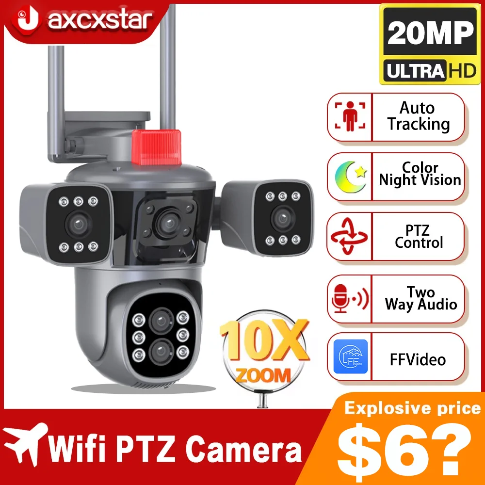 Câmera de segurança sem fio ao ar livre, proteção WiFi, rastreamento automático, lente PTZ 5, 4 telas, CCTV IP, controle remoto P2P, 10K, 20MP, zoom