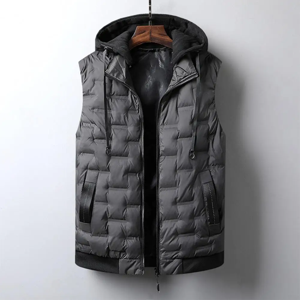 

Men Cotton Vest With Removable Hood Drawstring Decoration Sleeveless Waistcoat Solid Color Zipper Placket Vest Coat