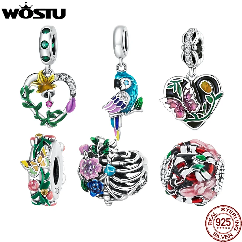 WOSTU Flower Bird Series Charms Beads For Women 925 Sterling Silver Heart Pendant Fit Original Bracelet Necklace Jewelry Making