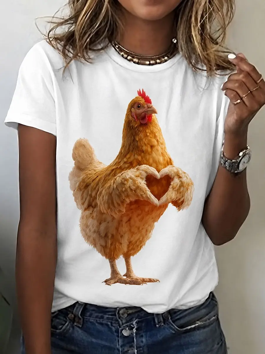 Women's Spring Summer 3D Printed Crew Neck Tee, White Base Hen Making Heart Shape With Claws Cute Realistic Print Casual Tee