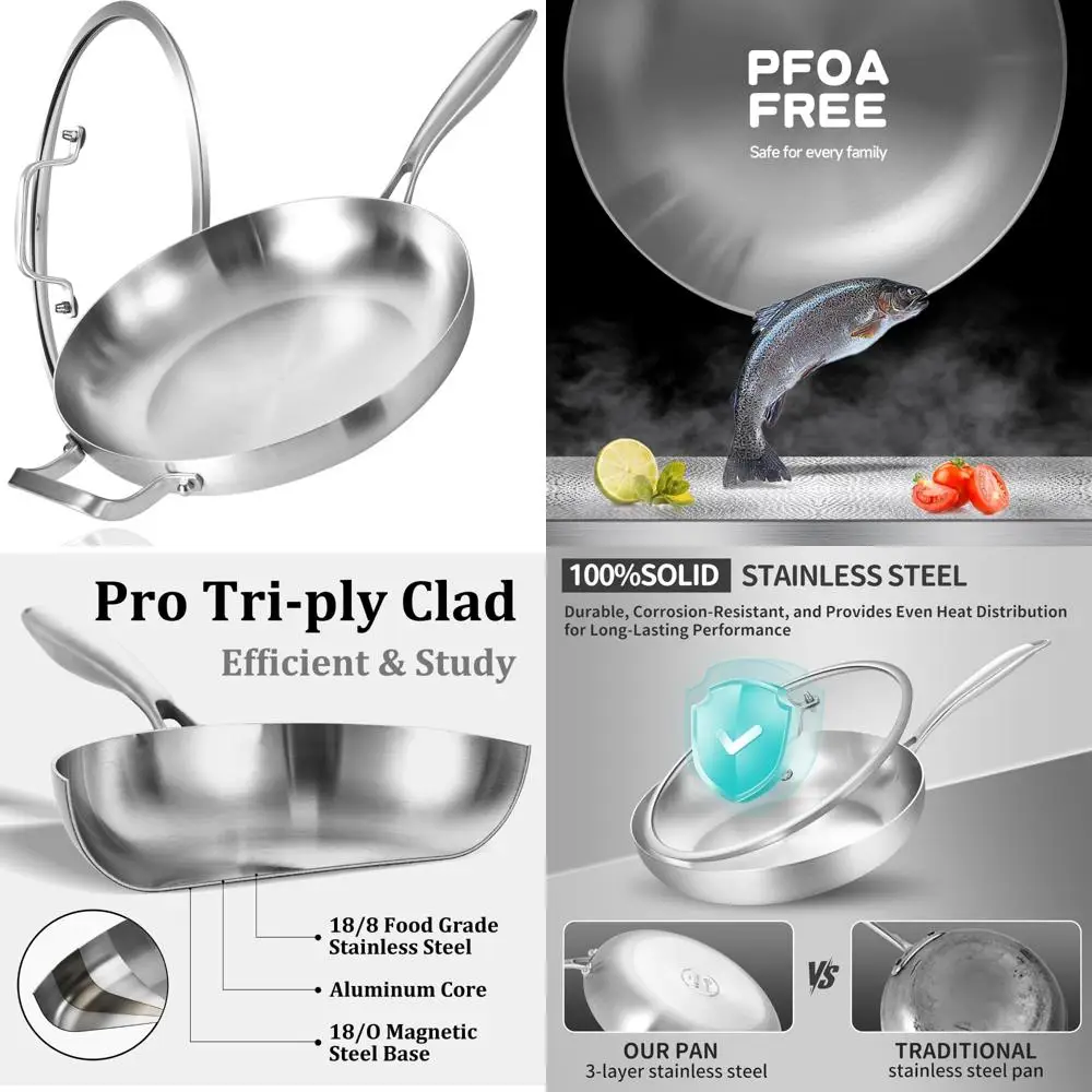 

14-дюймовая большая сковорода с крышкой и вспомогательной ручкой, трехслойная сковорода из нержавеющей стали, индукционная совместима, безопасная для шеф-повара в духовке