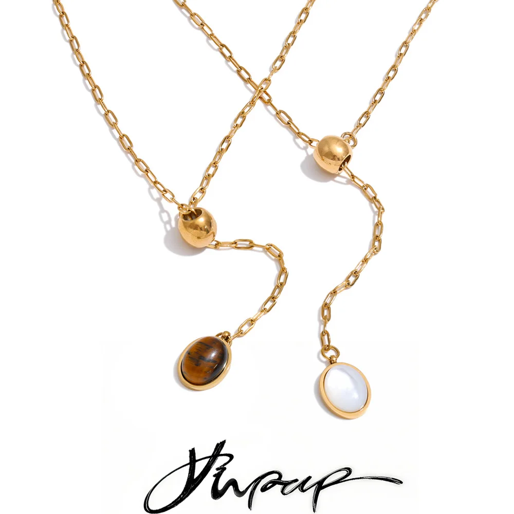 Yhpup 58cm Stainless Steel Natural Tiger Stone Shell Drop Adjustable Chain Necklace Gold Color Charm Arrivals Jewelry