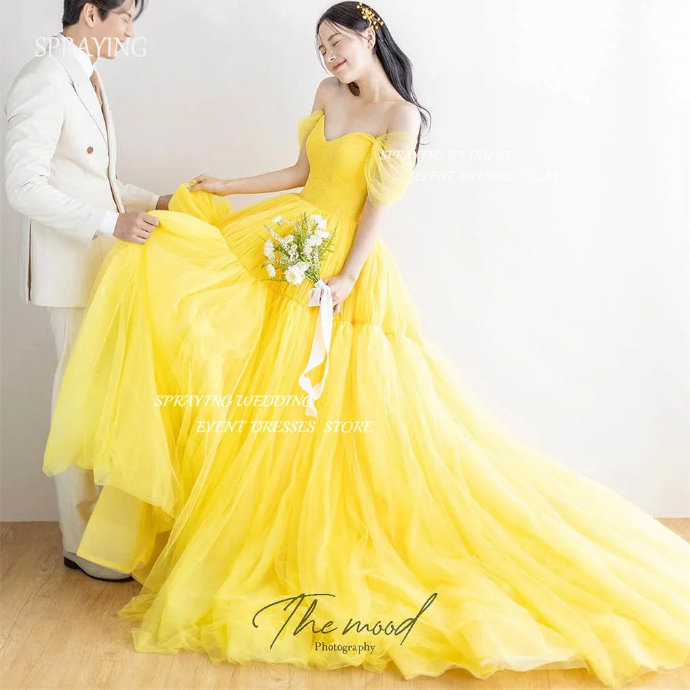 

SPRAYING A-line Sweetheart Tulle Wedding Dresses Floor-Length Long Yellow Fairy Dress Korea Photo Prom Dress Corset Back 웨딩드레스