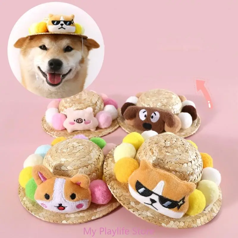 Pet Straw Hat Dogs Cats Straw Weaving Straw Hat with Stretch Chin Rope Practical Dogs Spring Sunproof Hat for Traveling