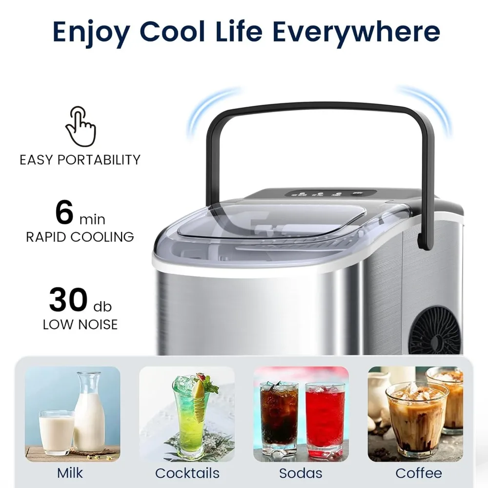 HAOYUNMA Stainless Steel Ice Maker Countertop, 26Lbs/24H, 9 Cubes Ready in 6-8 Mins,Self-Cleaning Portable Ice Maker with Handle