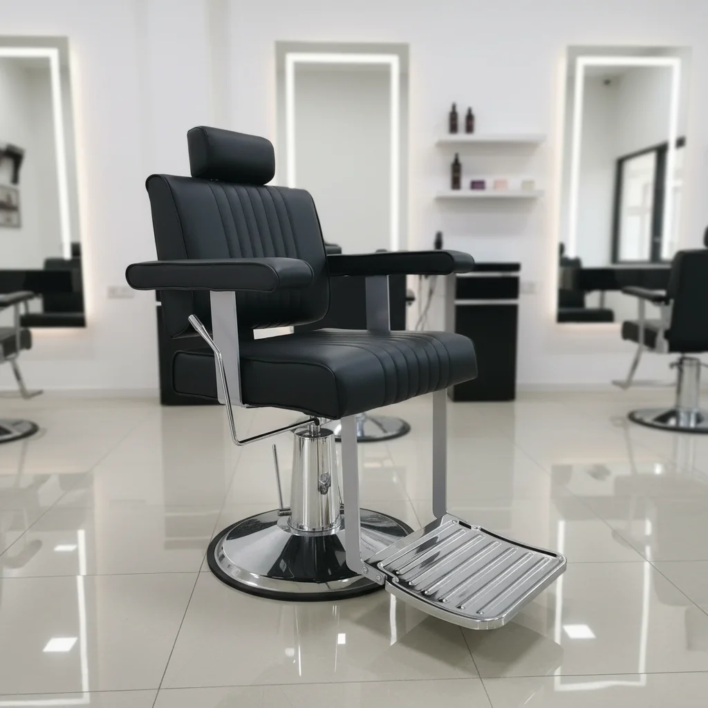 

@#Modern Hydraulic Barber Chair With Beige Pu Leather And Matte Black Base For Salon