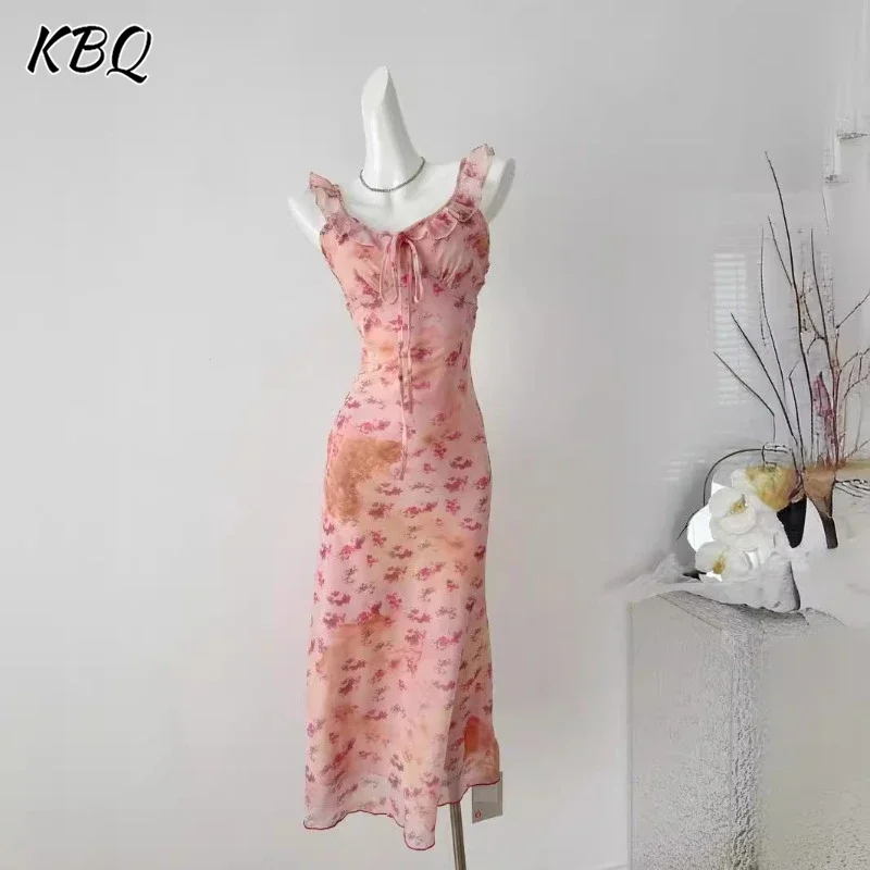 KBQ French Hit Color Slimming Printing Dresses For Women Square Collar Sleeveless Temperament Vacation Long Dress Female Fashion